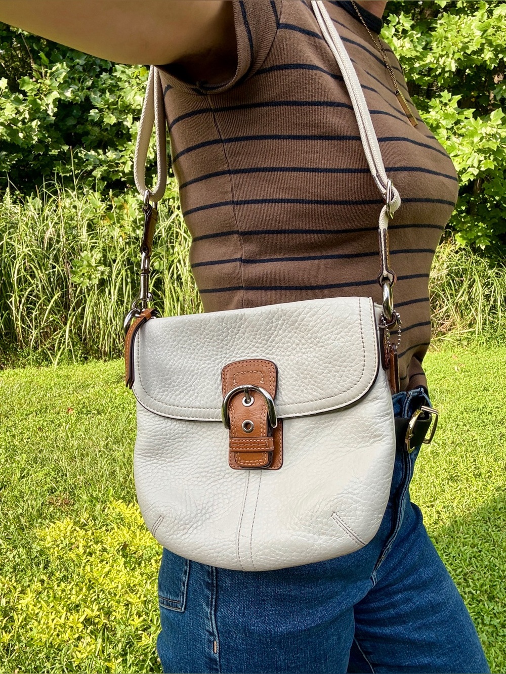 Vintage 2008 Coach Soho F13105 White Leather Buckle Flap Bag Y2K